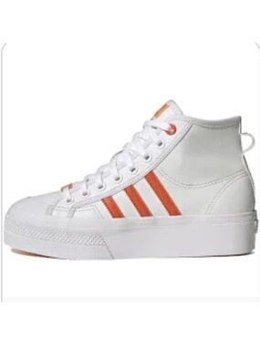 adidas White High-Top Sneakers with Orange Stripes and Platform Sole